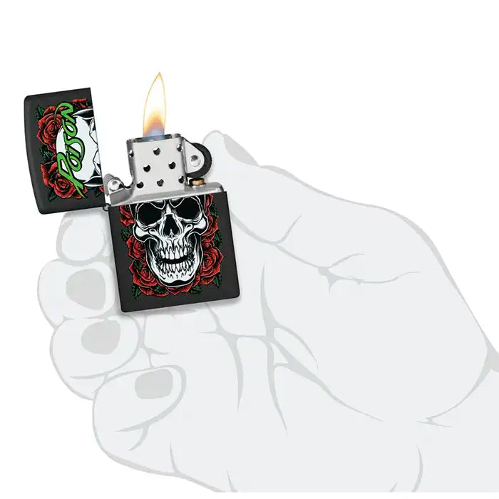 Zippo - Poison "Crâne avec Roses" Motif - Briquet Noir Mat