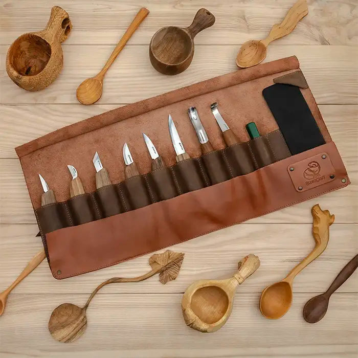 Ensemble de couteaux à découper sur bois de luxe - Étui en cuir