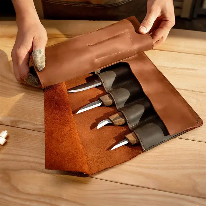 Ensemble de couteaux à découper sur bois de luxe - Étui en cuir