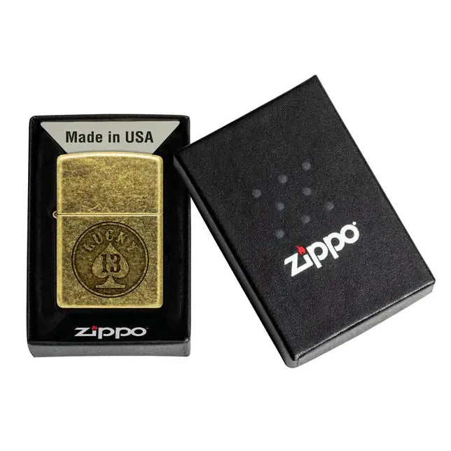 Zippo - Lucky 13 Motif - Briquet en laiton antique