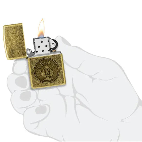 Zippo - Lucky 13 Motif - Briquet en laiton antique