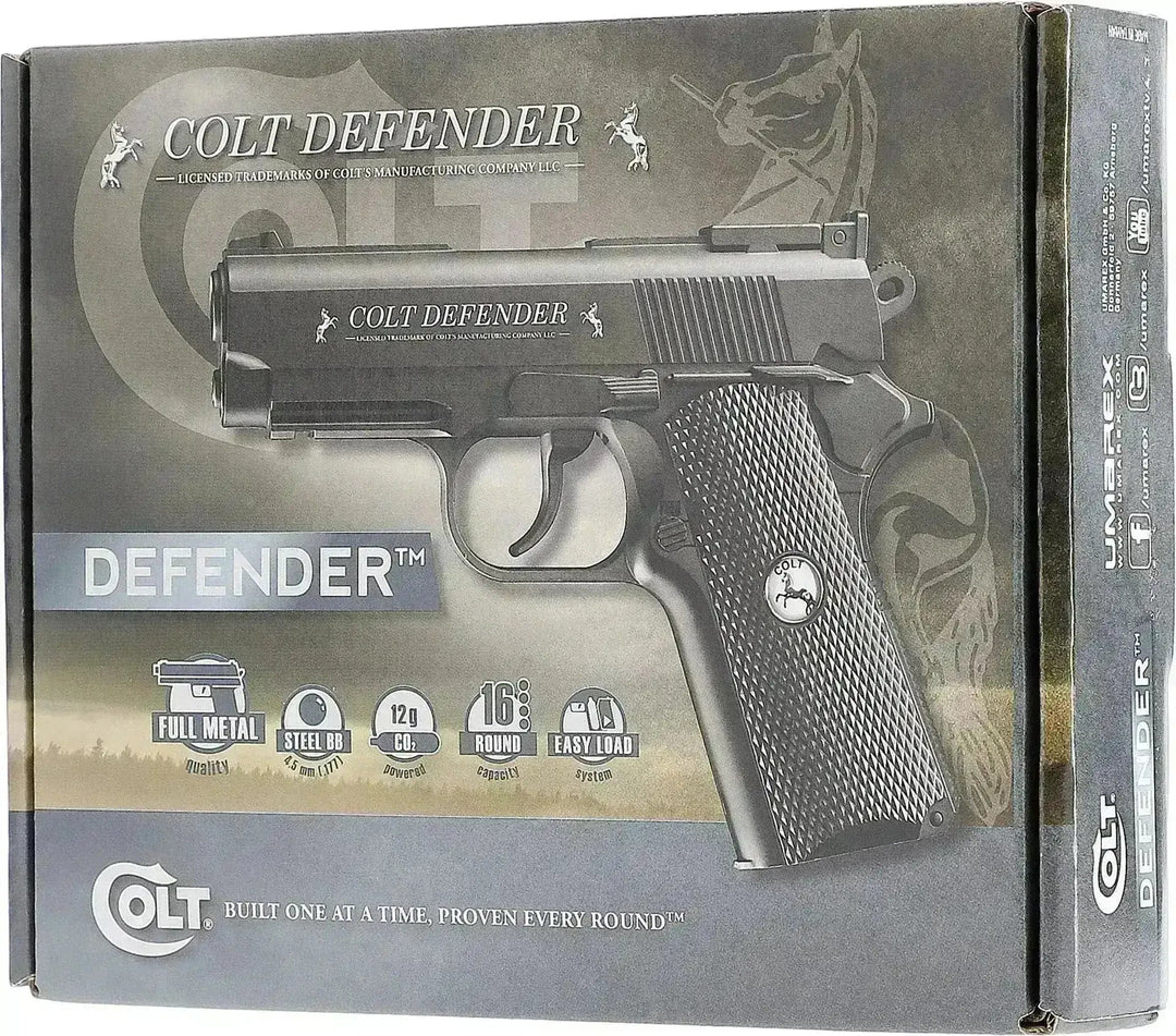 Colt Defender 4.5 mm Co2 Luftpistol Sort – Fullmetall og 16 skudds magasin - Game-On.no