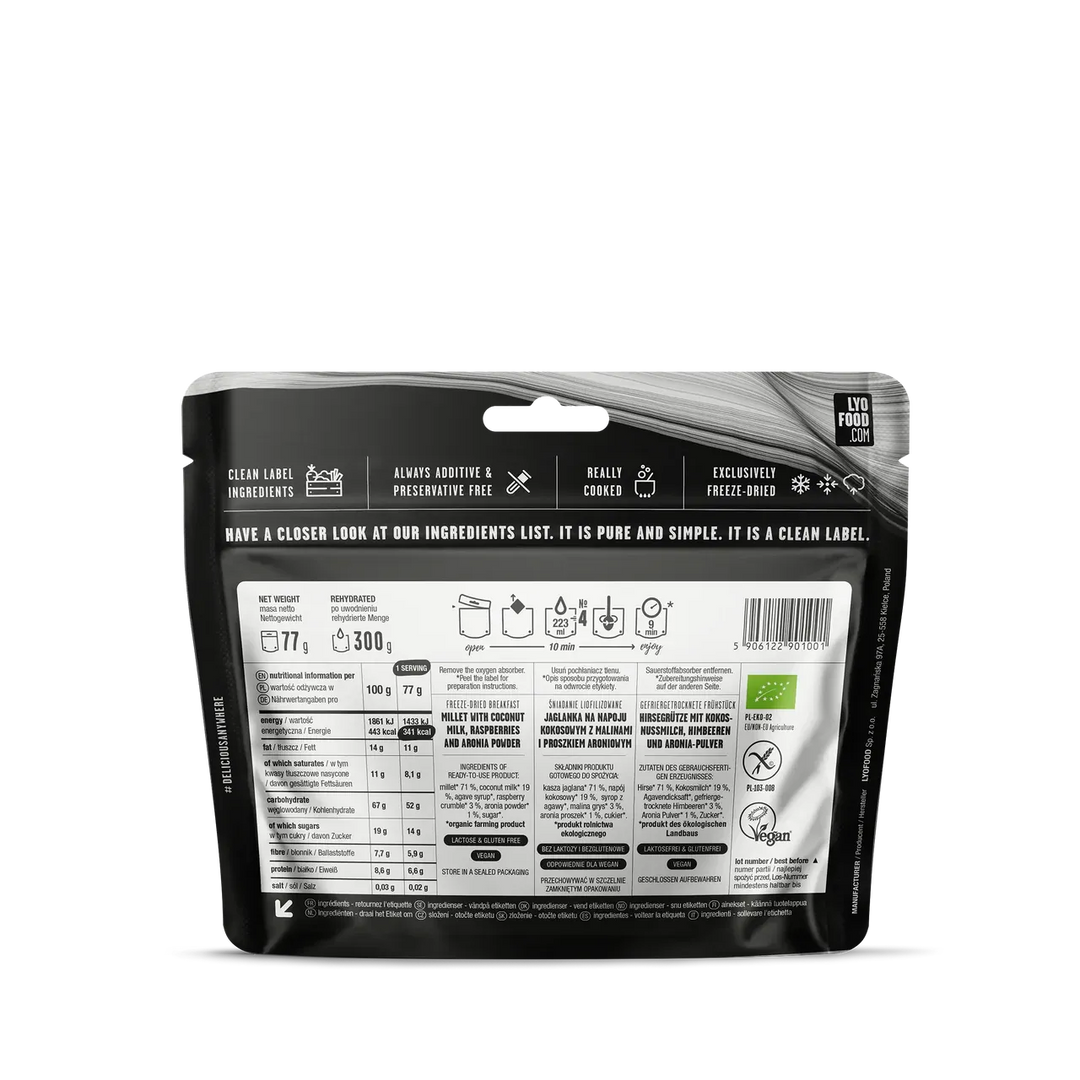 LYOFOOD Raspberry Millet Porridge – Økologisk grøt med hirse, bringebær og aronia - Game-On.no