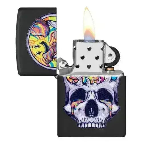 Zippo Lighter - Blacklight Skull Design - Matt Svart Lighter - Game-On.no